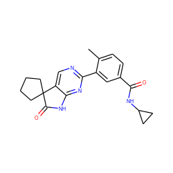 Cc1ccc(C(=O)NC2CC2)cc1-c1ncc2c(n1)NC(=O)C21CCCC1 ZINC000072177597