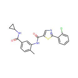 Cc1ccc(C(=O)NC2CC2)cc1NC(=O)c1cnc(-c2ccccc2Cl)s1 ZINC000050317400