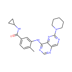 Cc1ccc(C(=O)NC2CC2)cc1Nc1ncnc2cnc(N3CCCCC3)nc12 ZINC000148220085