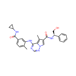 Cc1ccc(C(=O)NC2CC2)cc1Nc1ncnn2cc(C(=O)N[C@@H](CO)c3ccccc3)c(C)c12 ZINC000064415691