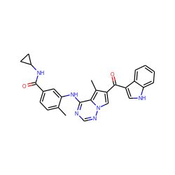 Cc1ccc(C(=O)NC2CC2)cc1Nc1ncnn2cc(C(=O)c3c[nH]c4ccccc34)c(C)c12 ZINC000072177185