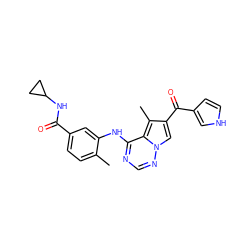 Cc1ccc(C(=O)NC2CC2)cc1Nc1ncnn2cc(C(=O)c3cc[nH]c3)c(C)c12 ZINC000072140997