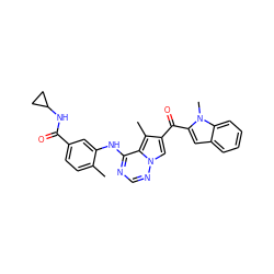 Cc1ccc(C(=O)NC2CC2)cc1Nc1ncnn2cc(C(=O)c3cc4ccccc4n3C)c(C)c12 ZINC000072177186