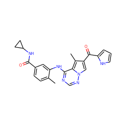 Cc1ccc(C(=O)NC2CC2)cc1Nc1ncnn2cc(C(=O)c3ccc[nH]3)c(C)c12 ZINC000072178953