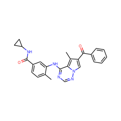 Cc1ccc(C(=O)NC2CC2)cc1Nc1ncnn2cc(C(=O)c3ccccc3)c(C)c12 ZINC000068245532