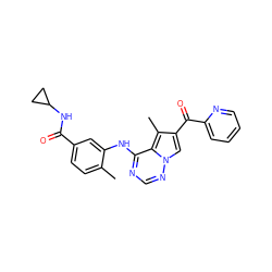 Cc1ccc(C(=O)NC2CC2)cc1Nc1ncnn2cc(C(=O)c3ccccn3)c(C)c12 ZINC000072177400