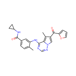 Cc1ccc(C(=O)NC2CC2)cc1Nc1ncnn2cc(C(=O)c3ccco3)c(C)c12 ZINC000072177262