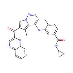 Cc1ccc(C(=O)NC2CC2)cc1Nc1ncnn2cc(C(=O)c3cnc4ccccc4n3)c(C)c12 ZINC000072179252