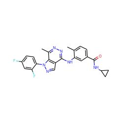 Cc1ccc(C(=O)NC2CC2)cc1Nc1nnc(C)c2c1cnn2-c1ccc(F)cc1F ZINC000049034306