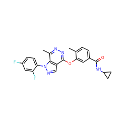 Cc1ccc(C(=O)NC2CC2)cc1Oc1nnc(C)c2c1cnn2-c1ccc(F)cc1F ZINC000049033891