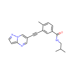 Cc1ccc(C(=O)NCC(C)C)cc1C#Cc1cnc2ccnn2c1 ZINC000095587385