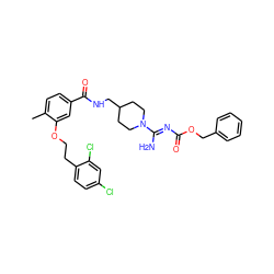 Cc1ccc(C(=O)NCC2CCN(/C(N)=N/C(=O)OCc3ccccc3)CC2)cc1OCCc1ccc(Cl)cc1Cl ZINC000014953578