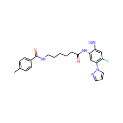 Cc1ccc(C(=O)NCCCCCC(=O)Nc2cc(-n3cccn3)c(F)cc2N)cc1 ZINC000117580487