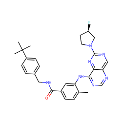 Cc1ccc(C(=O)NCc2ccc(C(C)(C)C)cc2)cc1Nc1ncnc2cnc(N3CC[C@@H](F)C3)nc12 ZINC000148213061