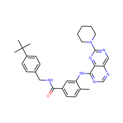 Cc1ccc(C(=O)NCc2ccc(C(C)(C)C)cc2)cc1Nc1ncnc2cnc(N3CCCCC3)nc12 ZINC000148214740