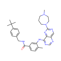 Cc1ccc(C(=O)NCc2ccc(C(C)(C)C)cc2)cc1Nc1ncnc2cnc(N3CCCN(C)CC3)nc12 ZINC000148199635