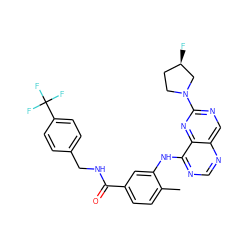Cc1ccc(C(=O)NCc2ccc(C(F)(F)F)cc2)cc1Nc1ncnc2cnc(N3CC[C@@H](F)C3)nc12 ZINC000148213775