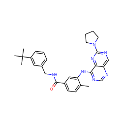 Cc1ccc(C(=O)NCc2cccc(C(C)(C)C)c2)cc1Nc1ncnc2cnc(N3CCCC3)nc12 ZINC000148228665