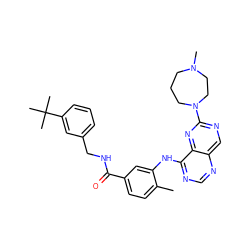 Cc1ccc(C(=O)NCc2cccc(C(C)(C)C)c2)cc1Nc1ncnc2cnc(N3CCCN(C)CC3)nc12 ZINC000148248908