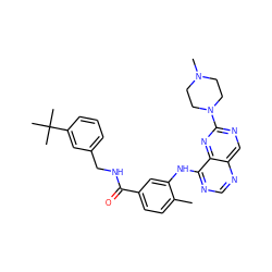 Cc1ccc(C(=O)NCc2cccc(C(C)(C)C)c2)cc1Nc1ncnc2cnc(N3CCN(C)CC3)nc12 ZINC000148239910