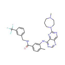 Cc1ccc(C(=O)NCc2cccc(C(F)(F)F)c2)cc1Nc1ncnc2cnc(N3CCCN(C)CC3)nc12 ZINC000148174738