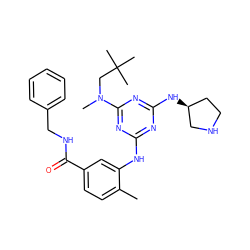 Cc1ccc(C(=O)NCc2ccccc2)cc1Nc1nc(N[C@H]2CCNC2)nc(N(C)CC(C)(C)C)n1 ZINC000028635435