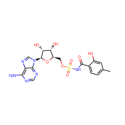 Cc1ccc(C(=O)NS(=O)(=O)OC[C@H]2O[C@@H](n3cnc4c(N)ncnc43)[C@H](O)[C@@H]2O)c(O)c1 ZINC000028865796