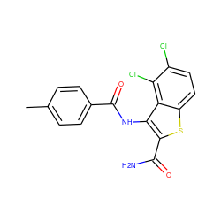 Cc1ccc(C(=O)Nc2c(C(N)=O)sc3ccc(Cl)c(Cl)c23)cc1 ZINC000063298388