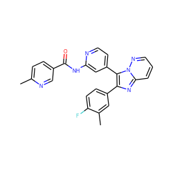 Cc1ccc(C(=O)Nc2cc(-c3c(-c4ccc(F)c(C)c4)nc4cccnn34)ccn2)cn1 ZINC000034636743