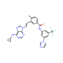 Cc1ccc(C(=O)Nc2cc(-n3ccnc3)cc(C(F)(F)F)c2)cc1/C=C/n1cnc2c(NC3CC3)ncnc21 ZINC000043075763