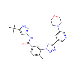Cc1ccc(C(=O)Nc2cc(C(C)(C)C)[nH]n2)cc1-n1cc(-c2cncc(N3CCOCC3)c2)nn1 ZINC000224830685