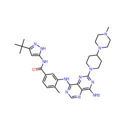 Cc1ccc(C(=O)Nc2cc(C(C)(C)C)n[nH]2)cc1Nc1ncnc2c(N)nc(N3CCC(N4CCN(C)CC4)CC3)nc12 ZINC000148045930