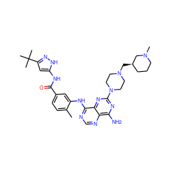 Cc1ccc(C(=O)Nc2cc(C(C)(C)C)n[nH]2)cc1Nc1ncnc2c(N)nc(N3CCN(C[C@@H]4CCCN(C)C4)CC3)nc12 ZINC000148040522