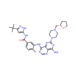 Cc1ccc(C(=O)Nc2cc(C(C)(C)C)n[nH]2)cc1Nc1ncnc2c(N)nc(N3CCN(C[C@@H]4CCCO4)CC3)nc12 ZINC000148039467
