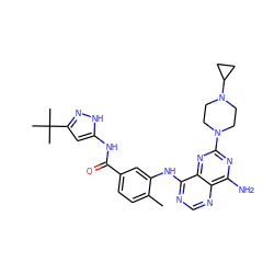Cc1ccc(C(=O)Nc2cc(C(C)(C)C)n[nH]2)cc1Nc1ncnc2c(N)nc(N3CCN(C4CC4)CC3)nc12 ZINC000148040973