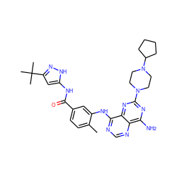 Cc1ccc(C(=O)Nc2cc(C(C)(C)C)n[nH]2)cc1Nc1ncnc2c(N)nc(N3CCN(C4CCCC4)CC3)nc12 ZINC000148040346