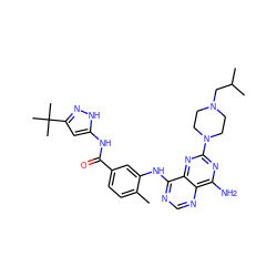 Cc1ccc(C(=O)Nc2cc(C(C)(C)C)n[nH]2)cc1Nc1ncnc2c(N)nc(N3CCN(CC(C)C)CC3)nc12 ZINC000148039079
