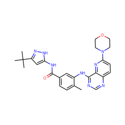 Cc1ccc(C(=O)Nc2cc(C(C)(C)C)n[nH]2)cc1Nc1ncnc2ccc(N3CCOCC3)nc12 ZINC000068245931