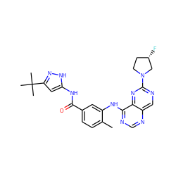 Cc1ccc(C(=O)Nc2cc(C(C)(C)C)n[nH]2)cc1Nc1ncnc2cnc(N3CC[C@H](F)C3)nc12 ZINC000148329903