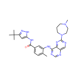 Cc1ccc(C(=O)Nc2cc(C(C)(C)C)n[nH]2)cc1Nc1ncnc2cnc(N3CCCN(C)CC3)nc12 ZINC000148303637