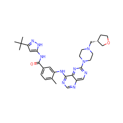 Cc1ccc(C(=O)Nc2cc(C(C)(C)C)n[nH]2)cc1Nc1ncnc2cnc(N3CCN(C[C@@H]4CCOC4)CC3)nc12 ZINC000148374591