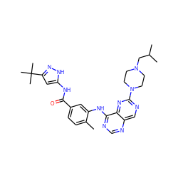 Cc1ccc(C(=O)Nc2cc(C(C)(C)C)n[nH]2)cc1Nc1ncnc2cnc(N3CCN(CC(C)C)CC3)nc12 ZINC000148304832