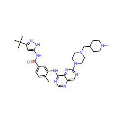 Cc1ccc(C(=O)Nc2cc(C(C)(C)C)n[nH]2)cc1Nc1ncnc2cnc(N3CCN(CC4CCN(C)CC4)CC3)nc12 ZINC000148289992