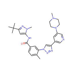 Cc1ccc(C(=O)Nc2cc(C(C)(C)C)nn2C)cc1-n1cc(-c2cncc(N3CCN(C)CC3)c2)nn1 ZINC000199375992