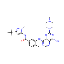 Cc1ccc(C(=O)Nc2cc(C(C)(C)C)nn2C)cc1Nc1ncnc2c(N)nc(N3CCN(C)CC3)nc12 ZINC000148051047