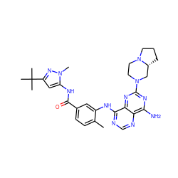 Cc1ccc(C(=O)Nc2cc(C(C)(C)C)nn2C)cc1Nc1ncnc2c(N)nc(N3CCN4CCC[C@@H]4C3)nc12 ZINC000148053970