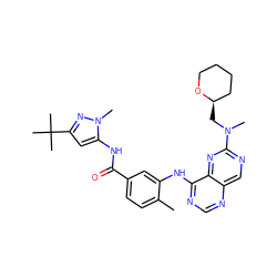 Cc1ccc(C(=O)Nc2cc(C(C)(C)C)nn2C)cc1Nc1ncnc2cnc(N(C)C[C@@H]3CCCCO3)nc12 ZINC000148313114