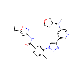 Cc1ccc(C(=O)Nc2cc(C(C)(C)C)on2)cc1-n1cc(-c2cncc(N(C)[C@@H]3CCOC3)c2)nn1 ZINC000199367510