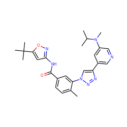 Cc1ccc(C(=O)Nc2cc(C(C)(C)C)on2)cc1-n1cc(-c2cncc(N(C)C(C)C)c2)nn1 ZINC000199372094