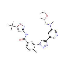 Cc1ccc(C(=O)Nc2cc(C(C)(C)C)on2)cc1-n1cc(-c2cncc(N(C)C[C@@H]3CCCO3)c2)nn1 ZINC000199371049